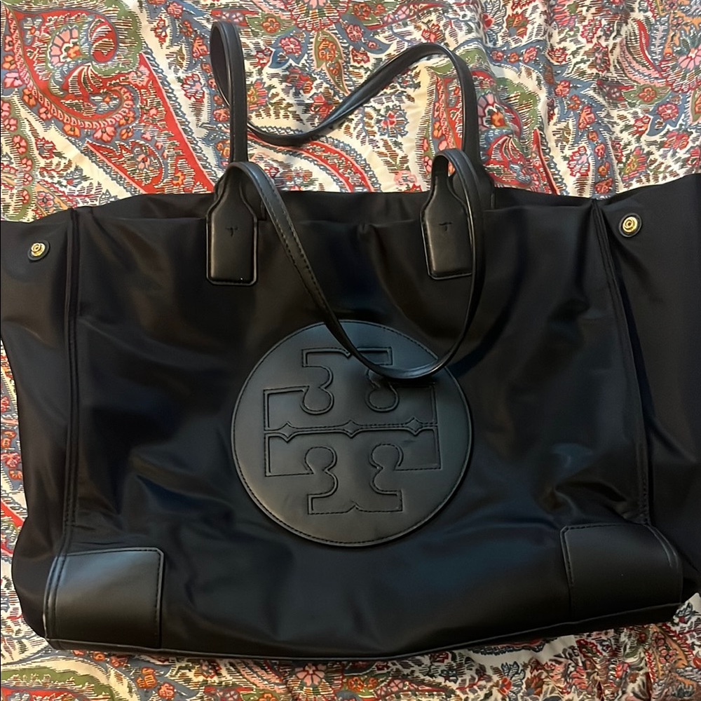 Tory Burch Black ELLA Tote Bag with Iconic Logo and Spacious Design